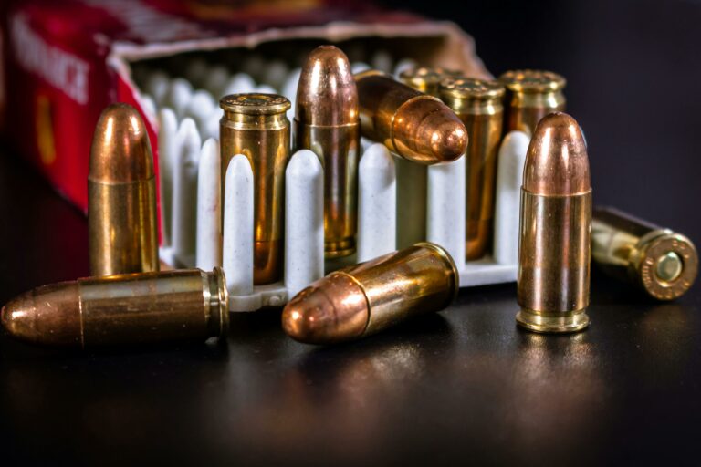 Detailed image of bullets and ammo in a container showcasing copper casing and ammunition close-up.