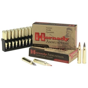 Hornady ammunition boxes and cartridges display.