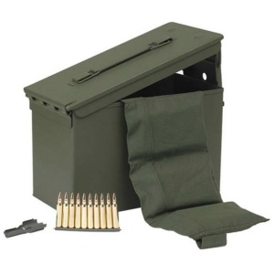 Ammo box with bullets and cloth belt.