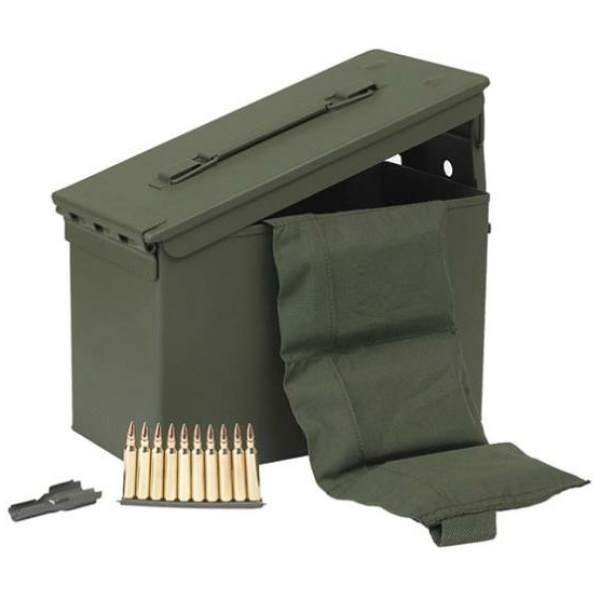 Ammo box with bullets and cloth belt.