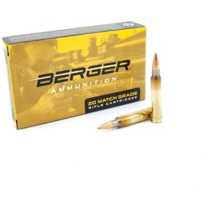 Box of Berger rifle ammunition and cartridges