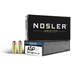 Nosler 9mm Luger ammunition box and bullets