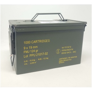 Green ammo box holding 9x19mm cartridges labeled PPU