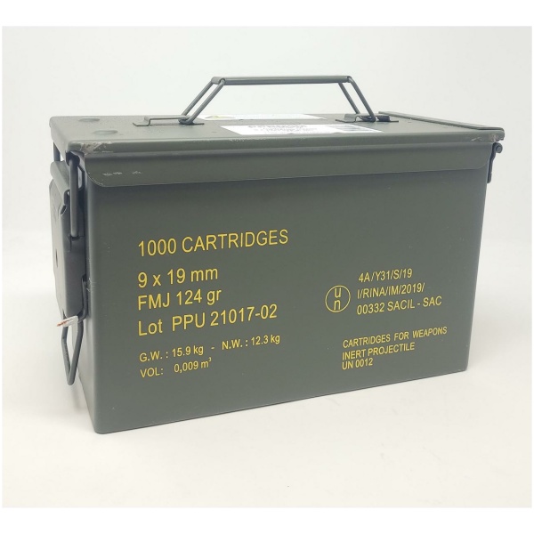 Green ammo box holding 9x19mm cartridges labeled PPU