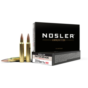Nosler ammunition box and bullets against white background.