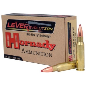 Hornady ammunition box with two cartridges.