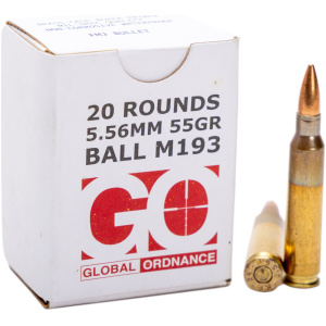 Box of 5.56mm ammunition with two bullets.