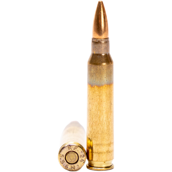 Two rifle bullets standing upright, white background.