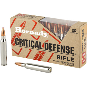 Hornady Critical Defense rifle ammo box with bullets.