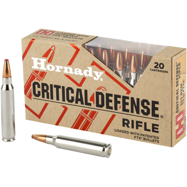 Hornady Critical Defense rifle ammo box with bullets.