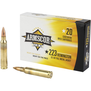 Armscor .223 Remington rifle ammunition box and bullets.