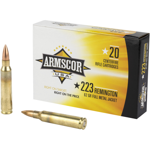 Armscor .223 Remington rifle ammunition box and bullets.