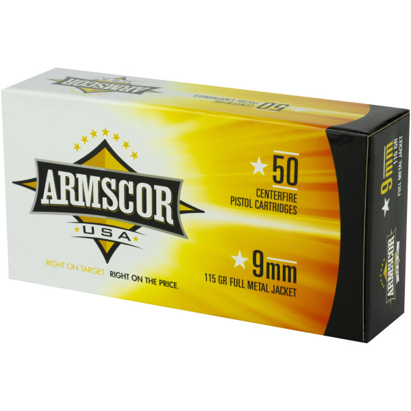 Armscor 9mm ammunition box, 50 cartridges.