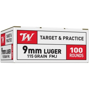 9mm Luger ammo box, 100 rounds, target practice.