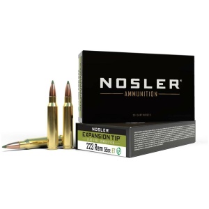 Nosler 223 Rem ammunition box and cartridges.