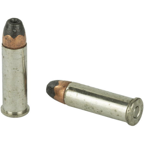Two silver and copper bullets on white background.
