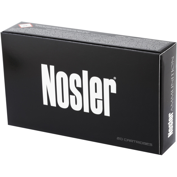 Nosler ammunition box with 20 cartridges.