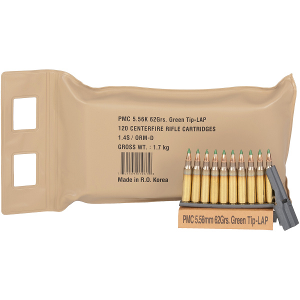 Package of PMC 5.56mm rifle cartridges.