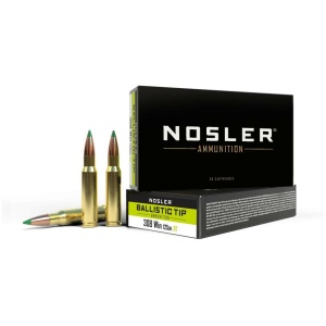Nosler Ballistic Tip ammunition, 308 Win cartridges display.