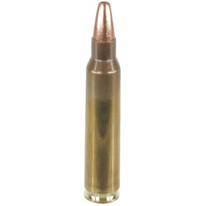 Single rifle bullet on white background