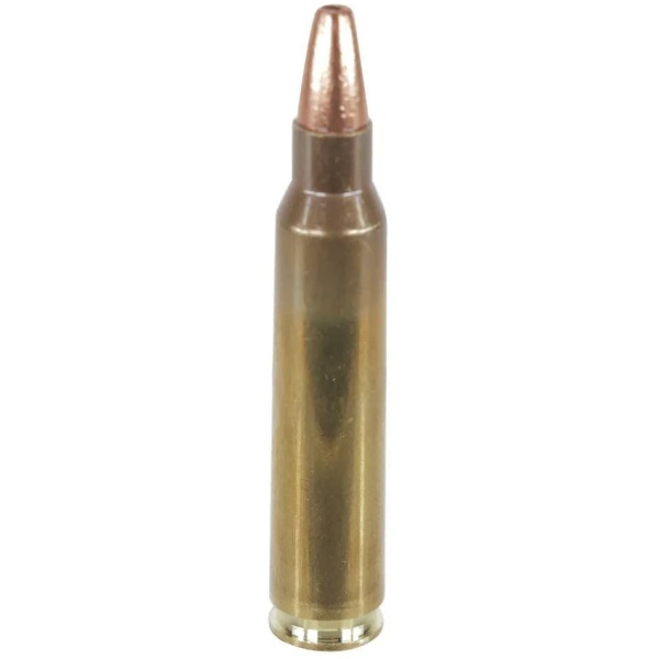 Single rifle bullet on white background