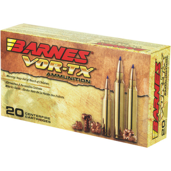 Barnes VOR-TX ammunition box with bullets displayed.
