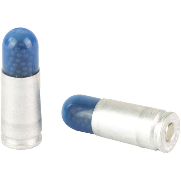 Two blue-tipped ammunition cartridges on white background.