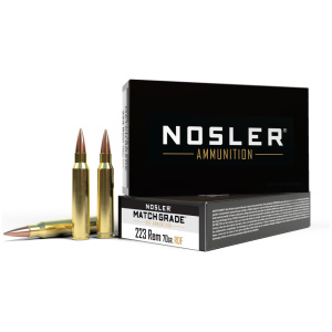 Nosler ammunition box with bullets on white background.