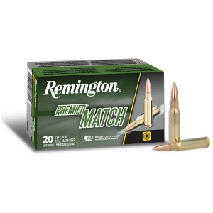 Remington Premier Match rifle ammunition box and bullets.