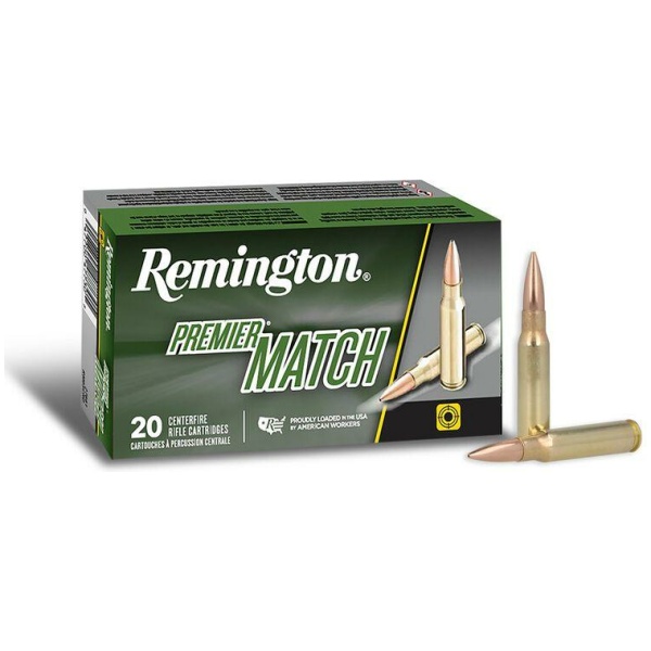 Remington Premier Match rifle ammunition box and bullets.