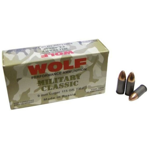 Wolf Military Classic 9mm ammo with bullets displayed.