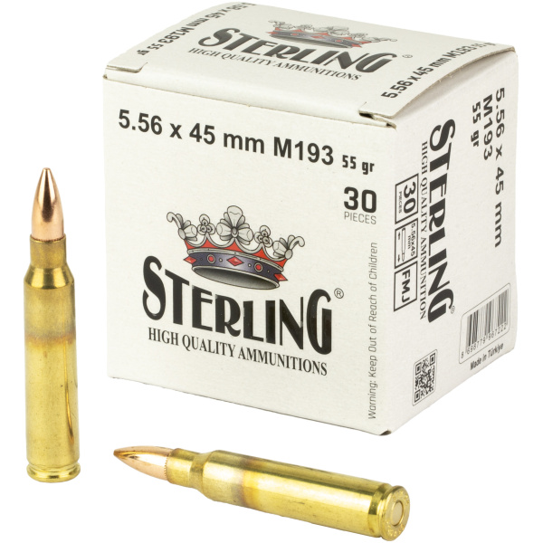 Sterling ammunition box with two bullets displayed.