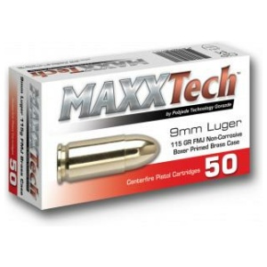 MAXXTech 9mm Luger ammunition box, 50 rounds.