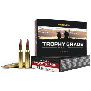 Nosler Trophy Grade ammunition box and cartridges.