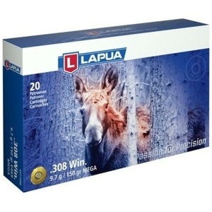 Lapua .308 Win cartridges box with moose illustration.