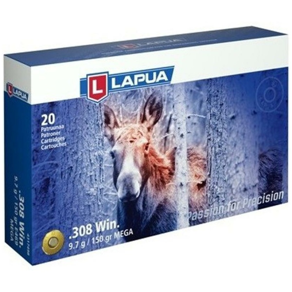 Lapua .308 Win cartridges box with moose illustration.