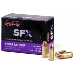 PMC ammunition box with 9mm Luger cartridges.