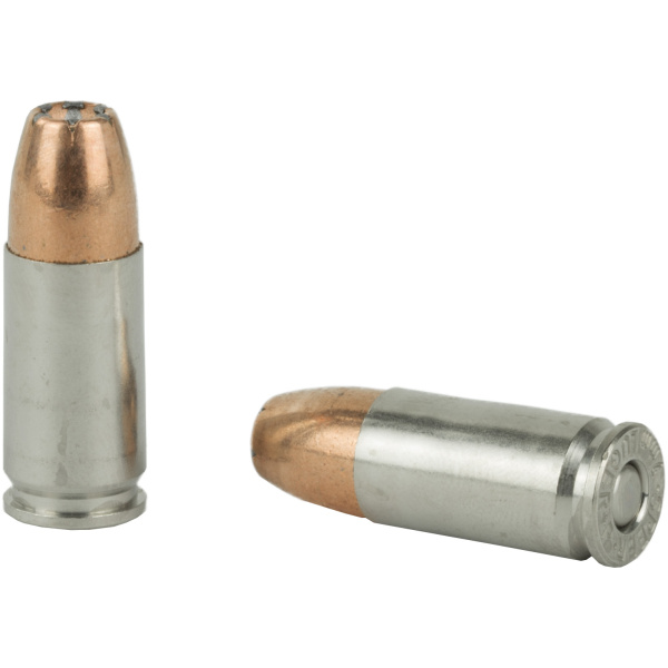 Two silver and copper bullets on white background.