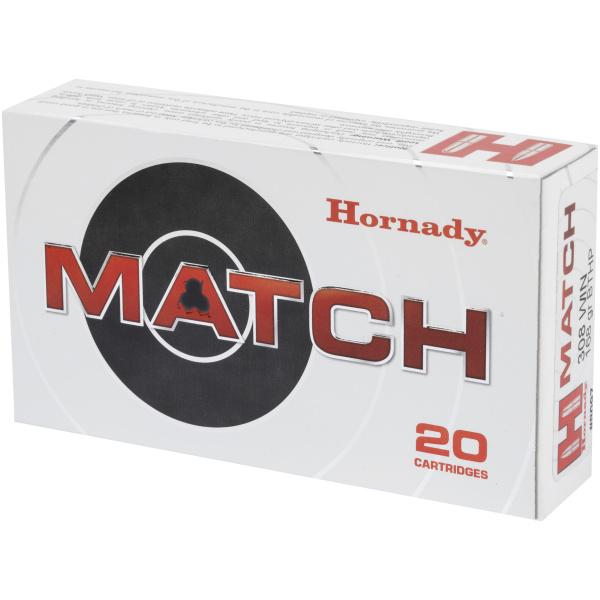 Box of Hornady Match ammunition cartridges.