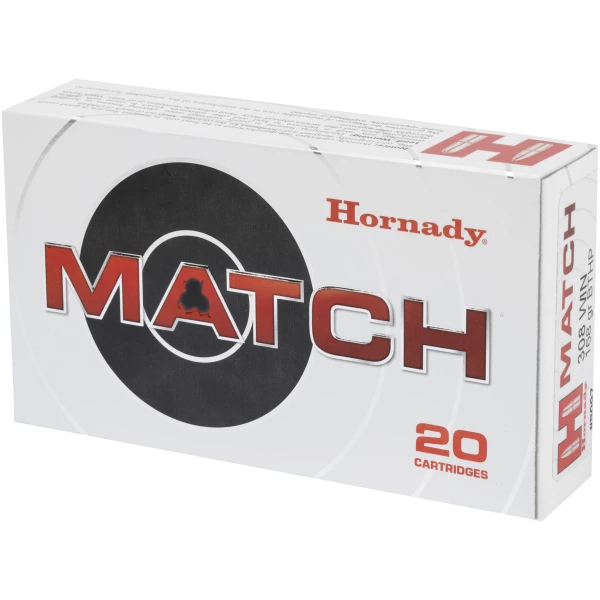 Box of Hornady Match ammunition cartridges.
