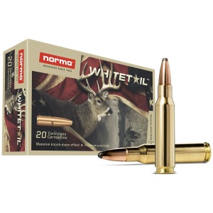 Norma Whitetail ammunition box and cartridges displayed.