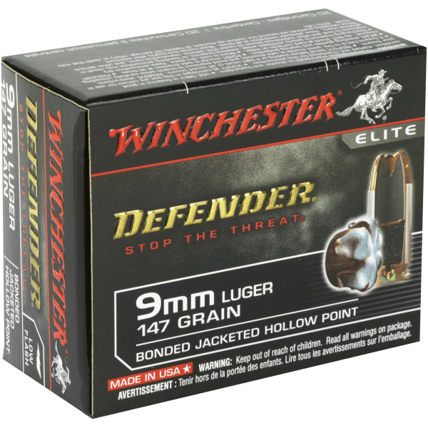 Winchester Defender 9mm Luger ammunition box.
