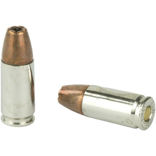 Two silver handgun bullets on white background.