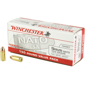 Winchester 9mm NATO ammo box with bullets.
