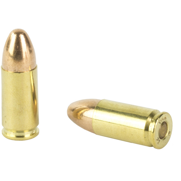 Two brass bullets on white background.