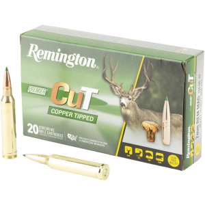 Remington CuT copper-tipped rifle ammunition box with bullets.