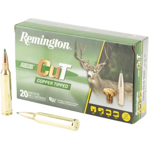 Remington CuT copper-tipped rifle ammunition box with bullets.