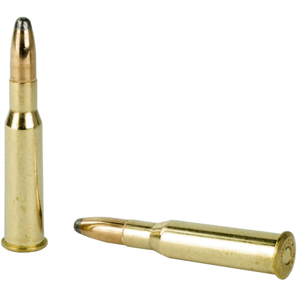 Two rifle bullets on white background.