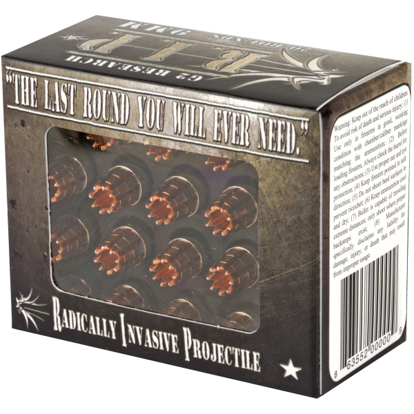 Box of hollow-point bullets labeled 'Radically Invasive Projectile'.