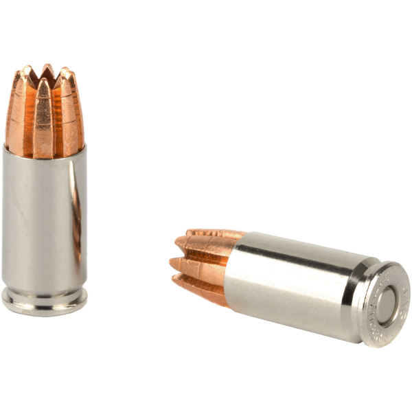 Two hollow-point bullet cartridges on white background.
